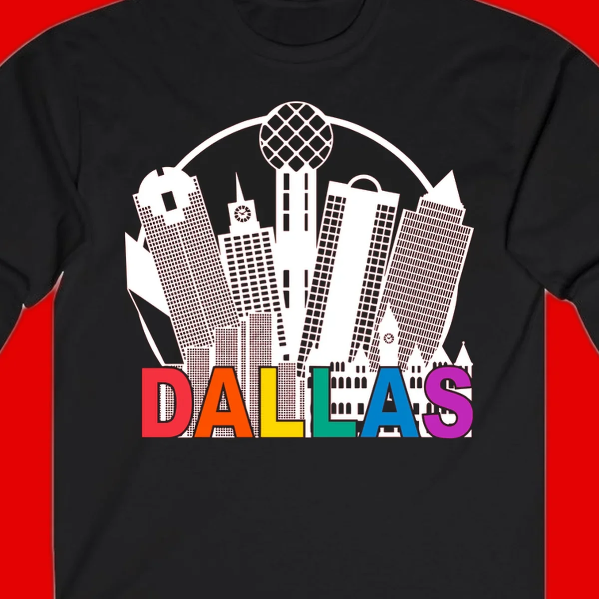 Dallas skyline illustration with Reunion Tower and iconic buildings in white, with 'DALLAS' text in rainbow pride colors below