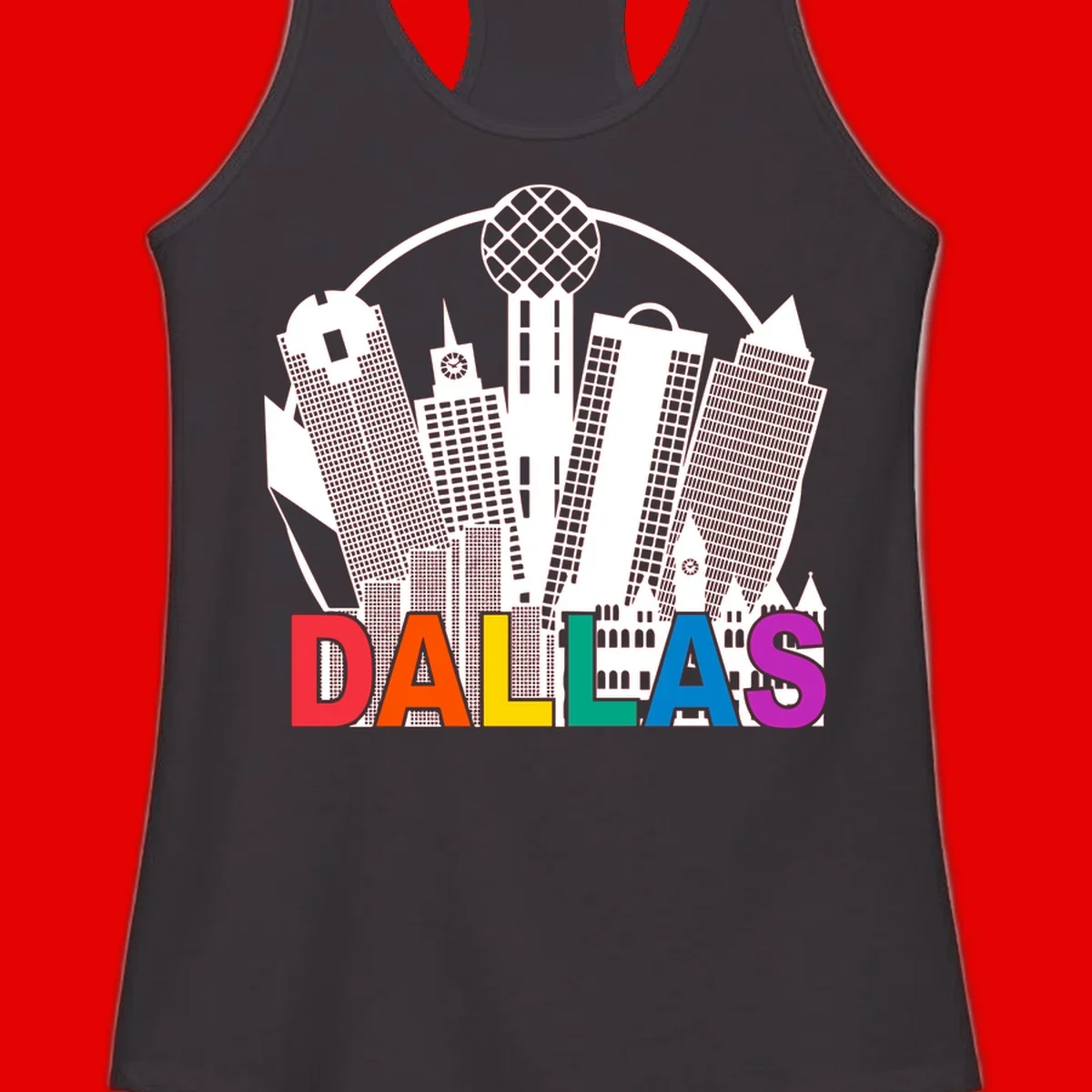 Dallas skyline illustration with Reunion Tower and iconic buildings in white, with 'DALLAS' text in rainbow pride colors below