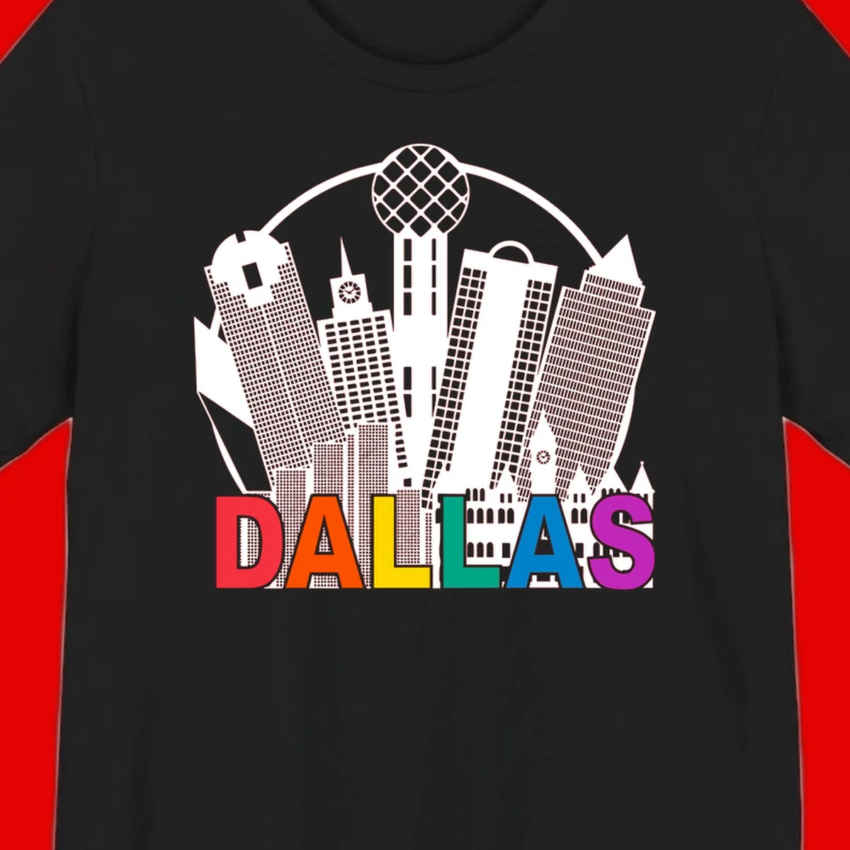 Dallas skyline illustration with Reunion Tower and iconic buildings in white, with 'DALLAS' text in rainbow pride colors below