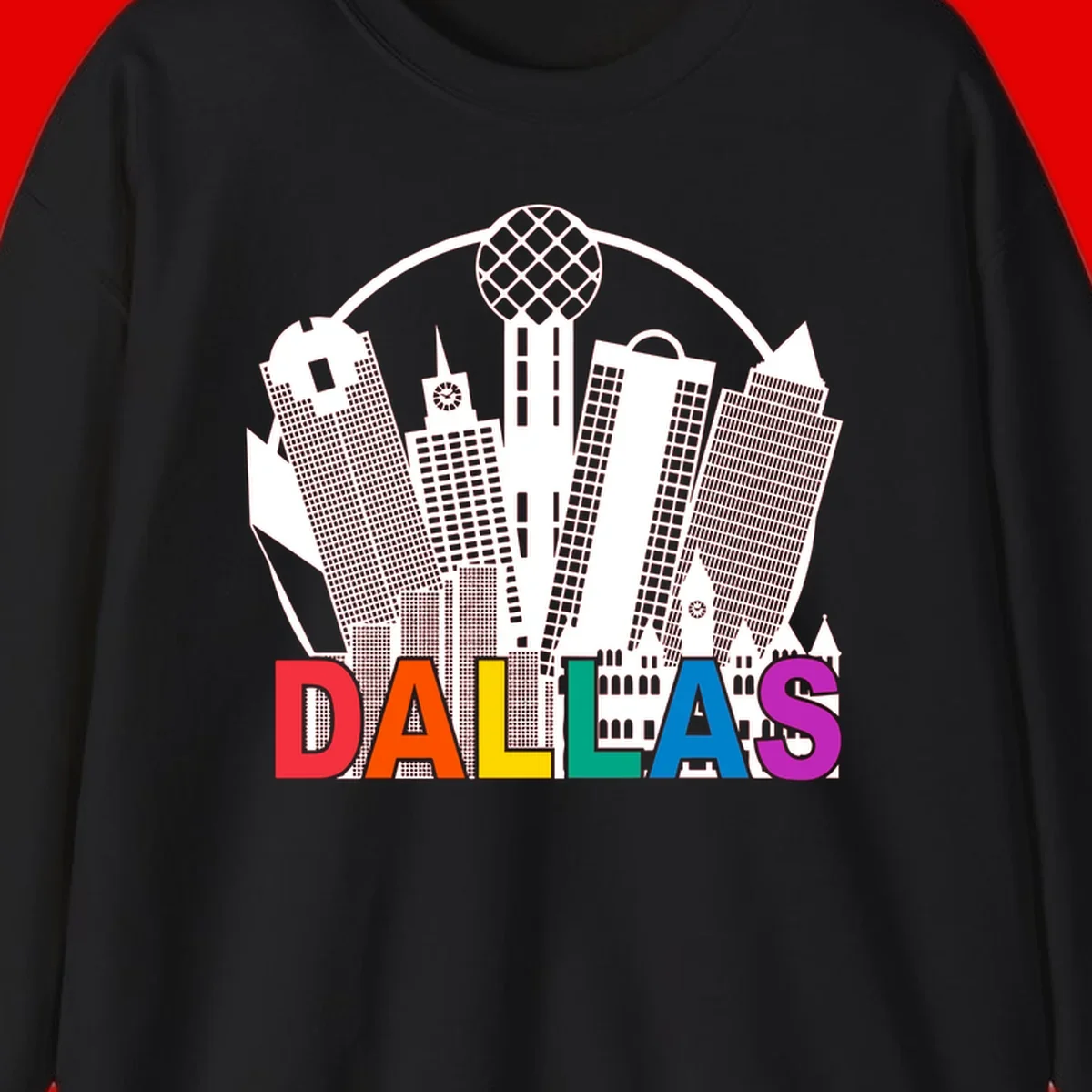 Dallas skyline illustration with Reunion Tower and iconic buildings in white, with 'DALLAS' text in rainbow pride colors below