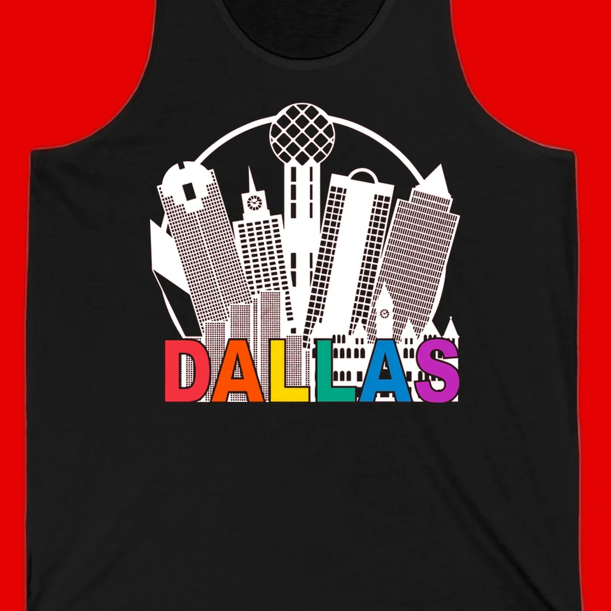 Dallas skyline illustration with Reunion Tower and iconic buildings in white, with 'DALLAS' text in rainbow pride colors below