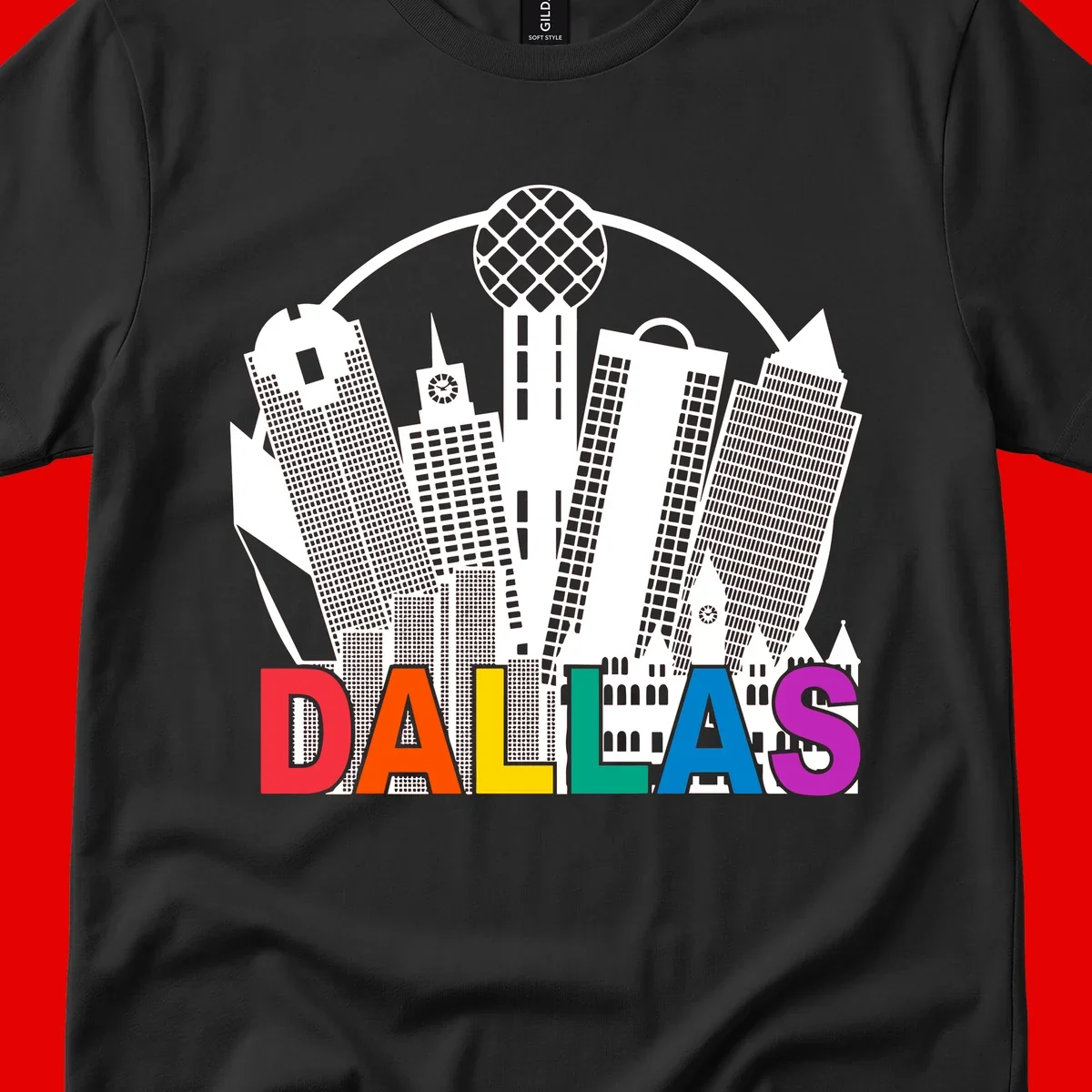 Dallas skyline illustration with Reunion Tower and iconic buildings in white, with 'DALLAS' text in rainbow pride colors below