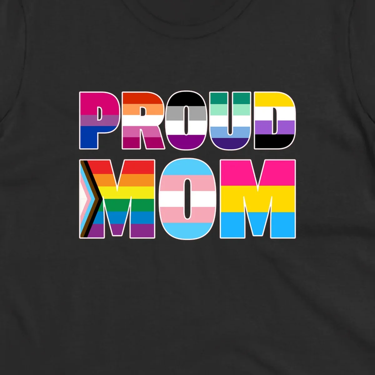 Colorful 'PROUD' letters filled with various pride flags including rainbow, trans, progress pride, and intersex symbols on gray background