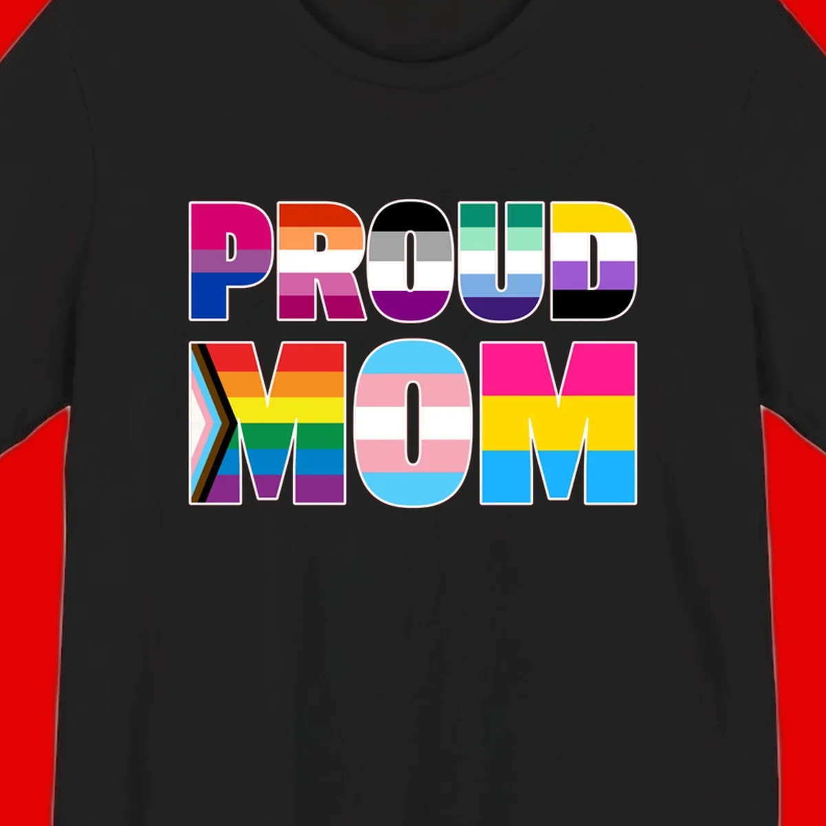 Colorful 'PROUD' letters filled with various pride flags including rainbow, trans, progress pride, and intersex symbols on gray background