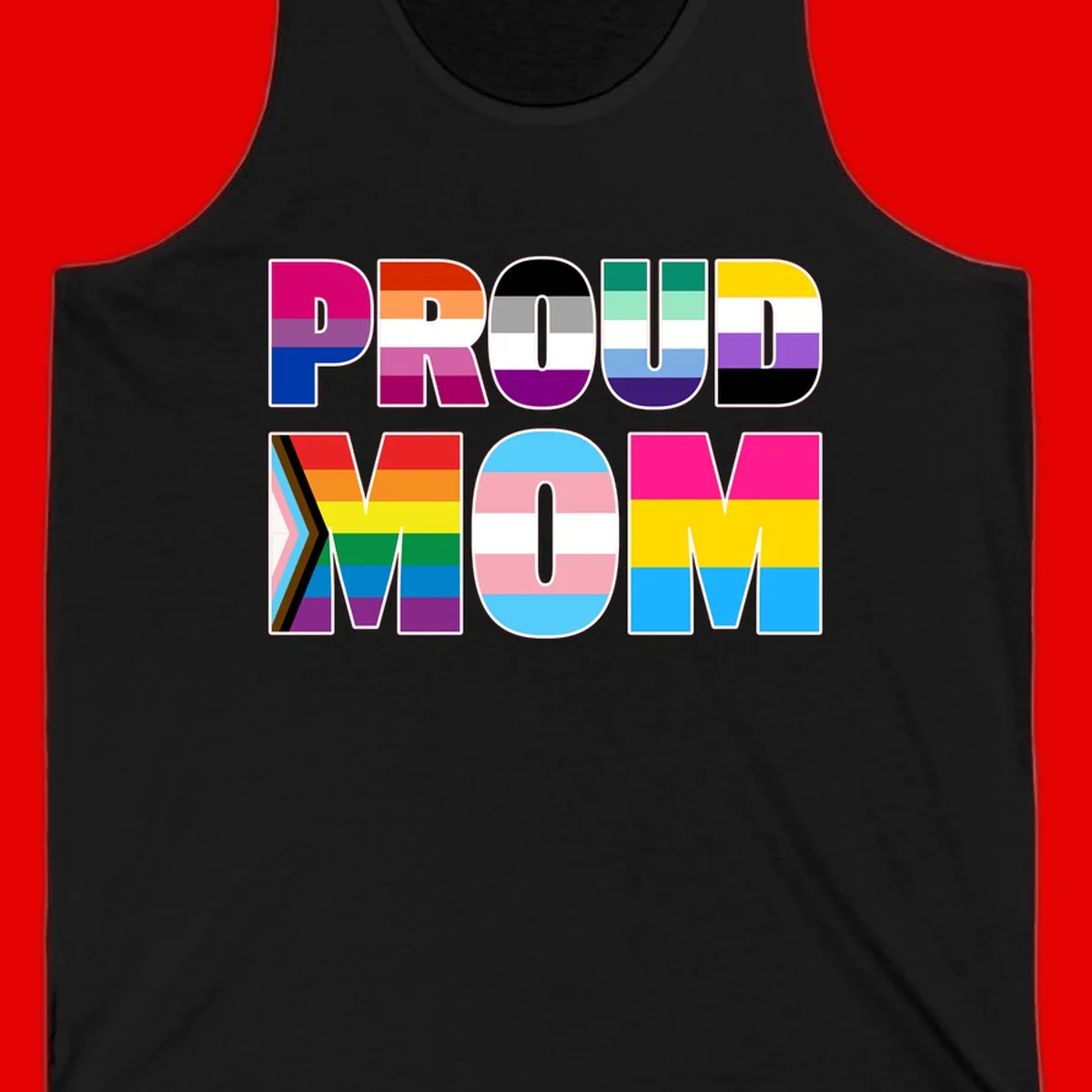 Colorful 'PROUD' letters filled with various pride flags including rainbow, trans, progress pride, and intersex symbols on gray background