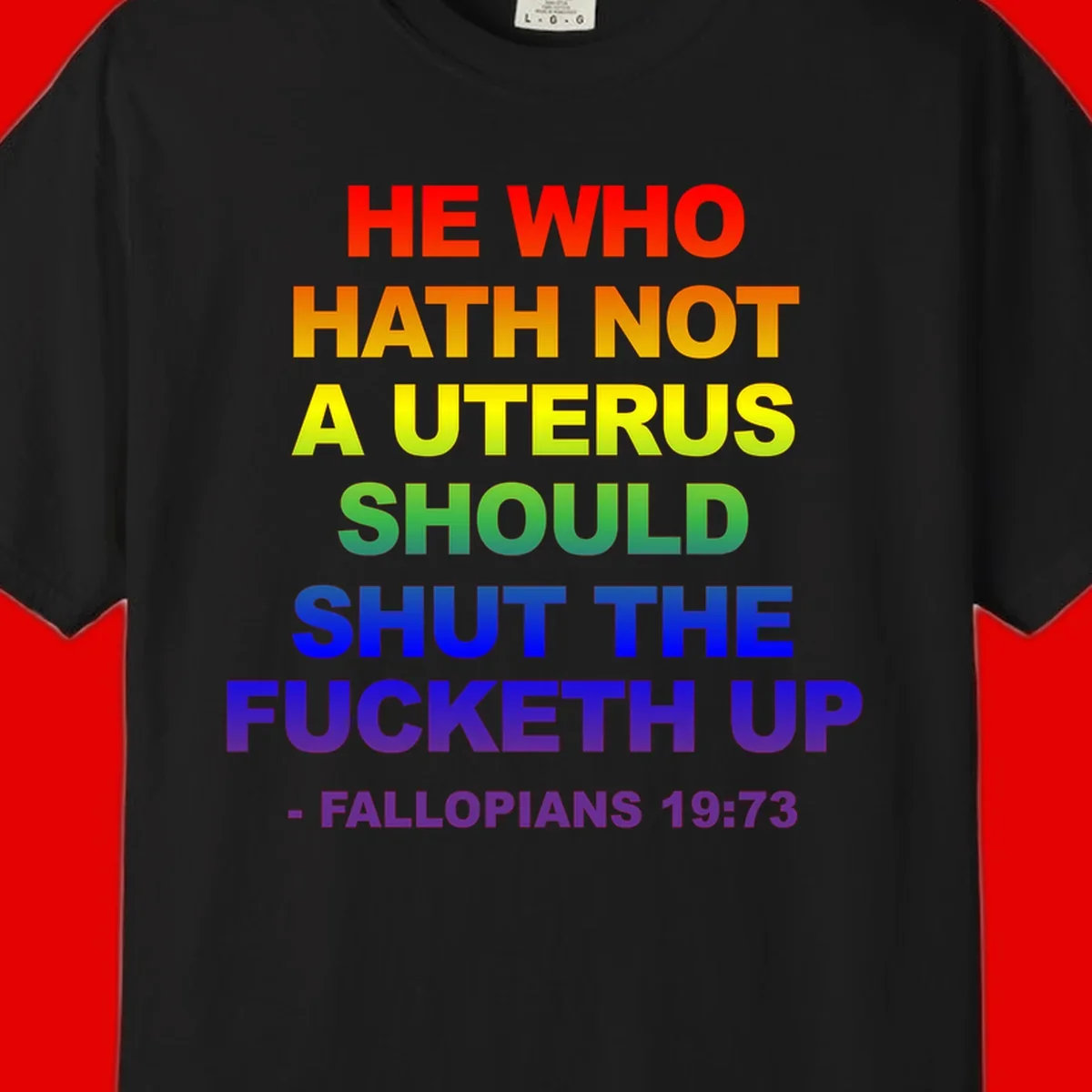 Rainbow gradient text design reading 'He Who Hath Not A Uterus Should Shut The Fucketh Up' with feminist statement message
