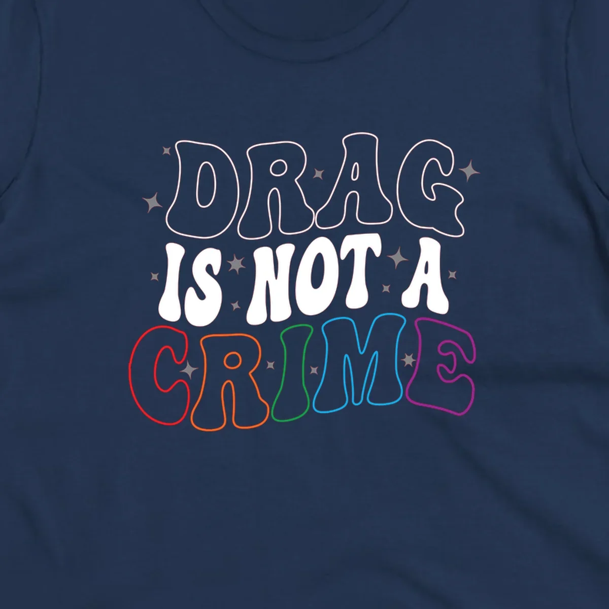 Drag is not a crime design with white and rainbow-colored outlined text on gray background