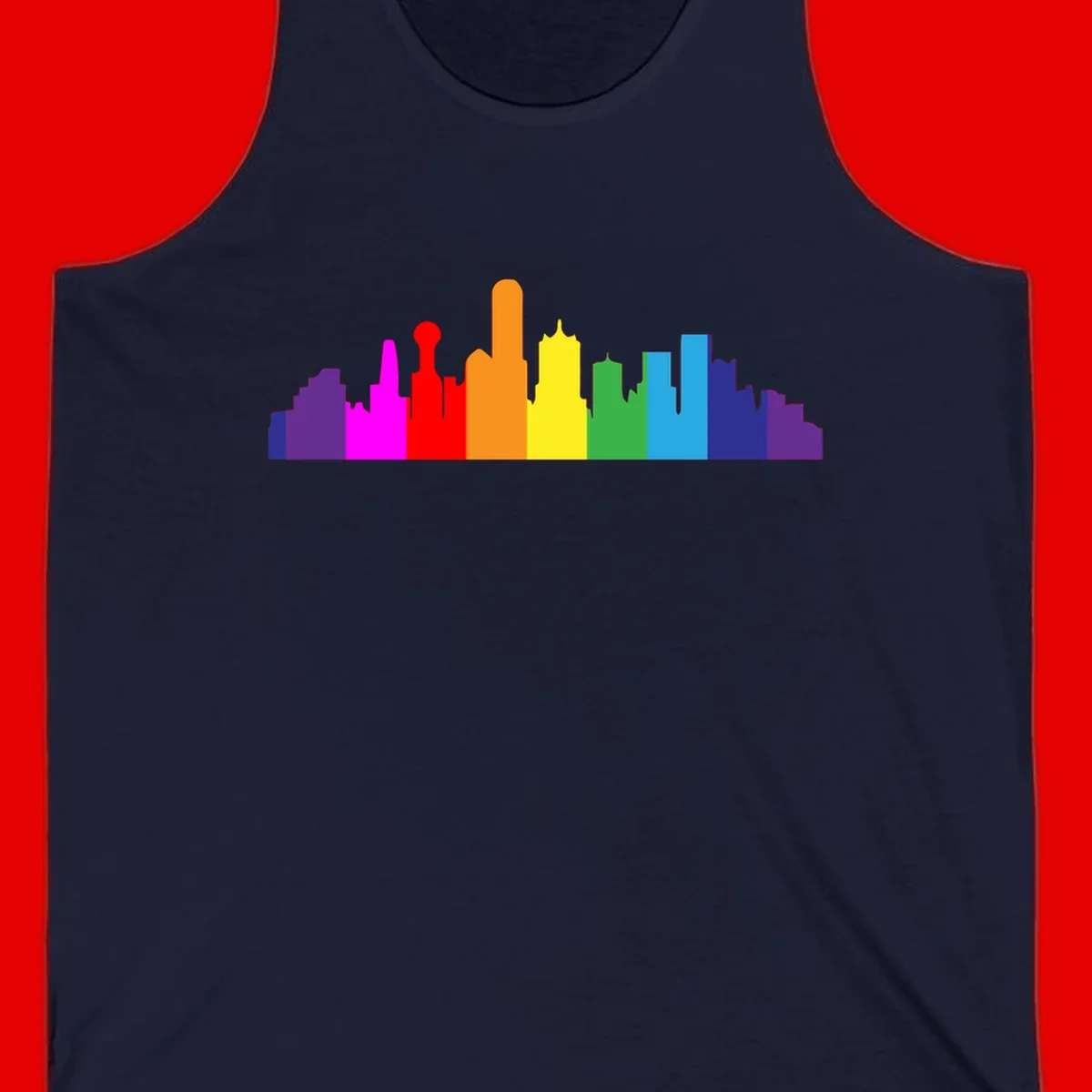 Colorful city skyline silhouette in rainbow pride colors transitioning from purple through red, orange, yellow, green, cyan and blue