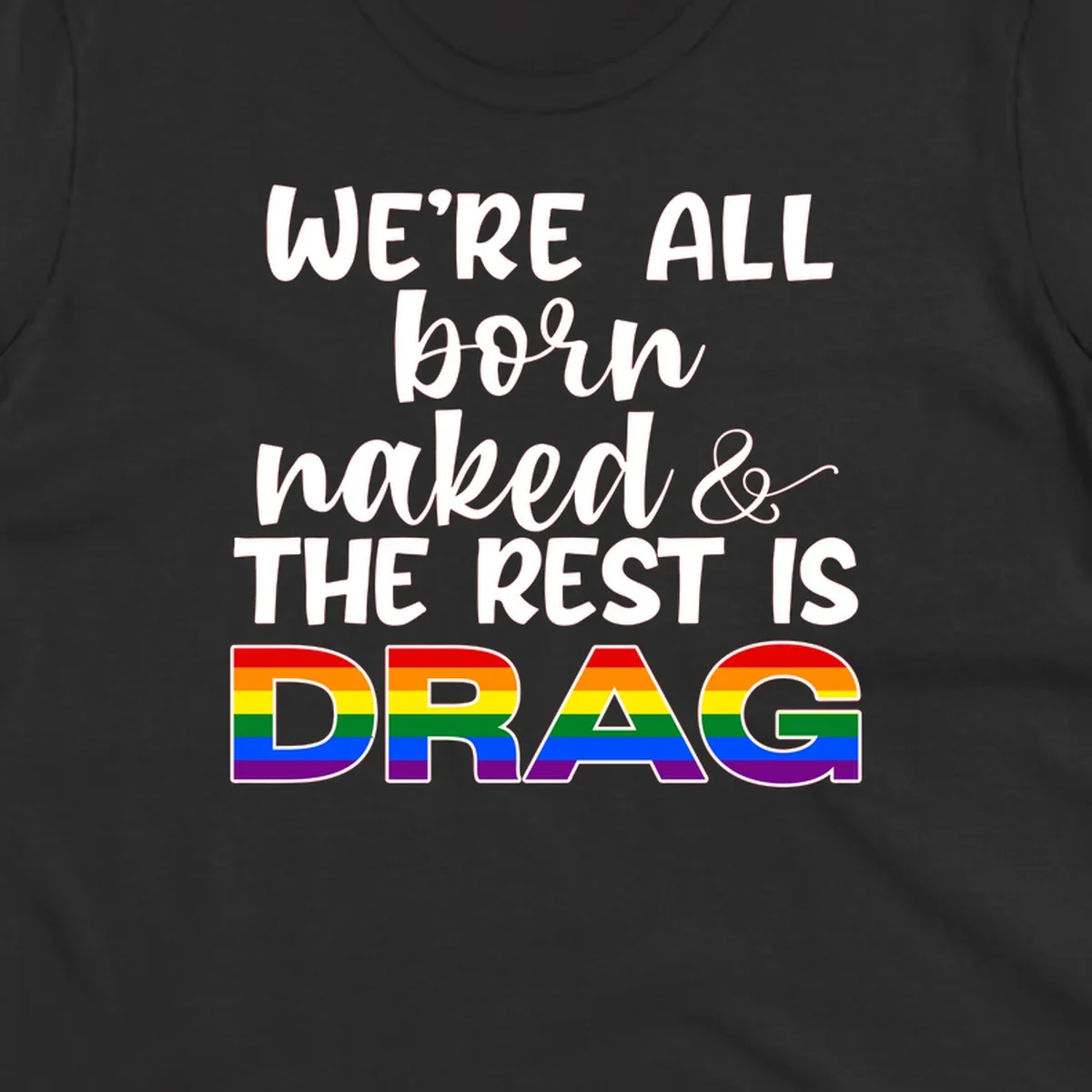 Born naked rest is drag design with rainbow pride flag letters spelling DRAG in white text on gray background