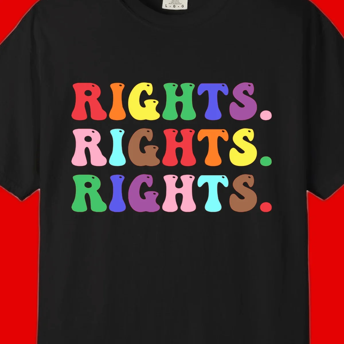 The word 'RIGHTS' repeated three times in large rainbow-colored letters with playful organic shapes and small dots, celebrating pride and equality.
