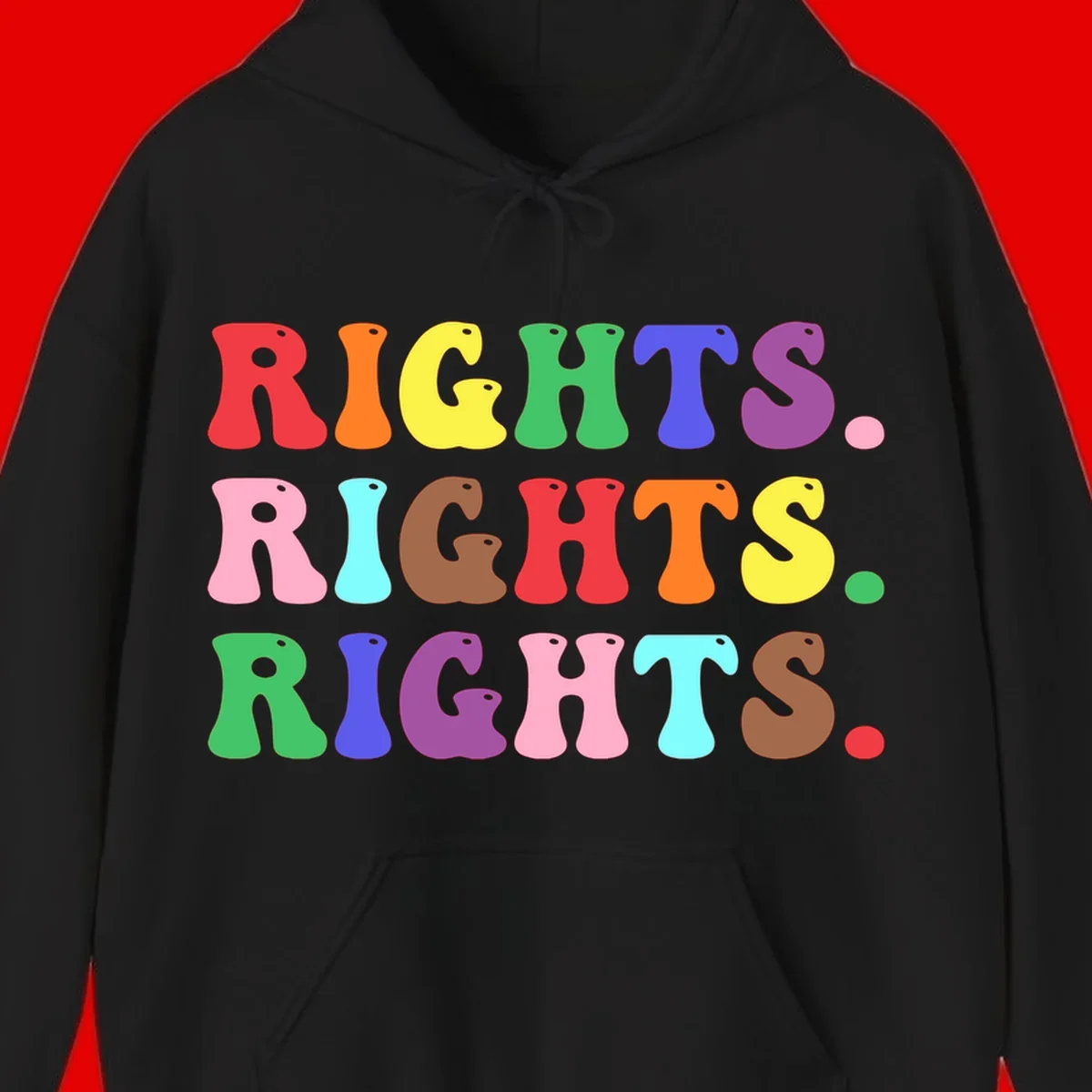 The word 'RIGHTS' repeated three times in large rainbow-colored letters with playful organic shapes and small dots, celebrating pride and equality.