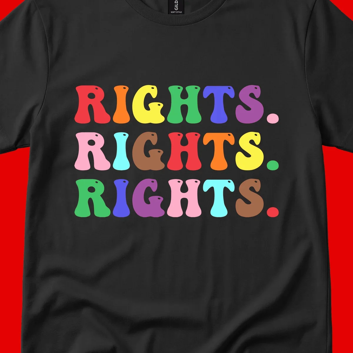 The word 'RIGHTS' repeated three times in large rainbow-colored letters with playful organic shapes and small dots, celebrating pride and equality.