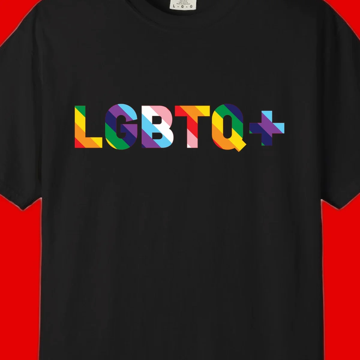 Colorful LGBTQ+ text with diagonal rainbow stripes in pride flag colors on geometric letters