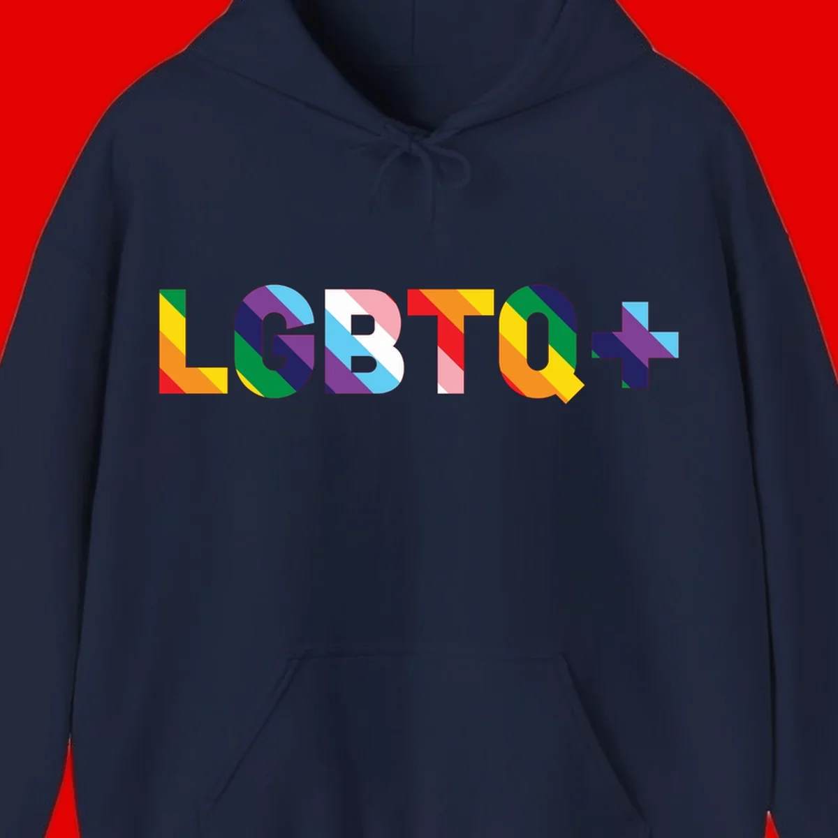 Colorful LGBTQ+ text with diagonal rainbow stripes in pride flag colors on geometric letters