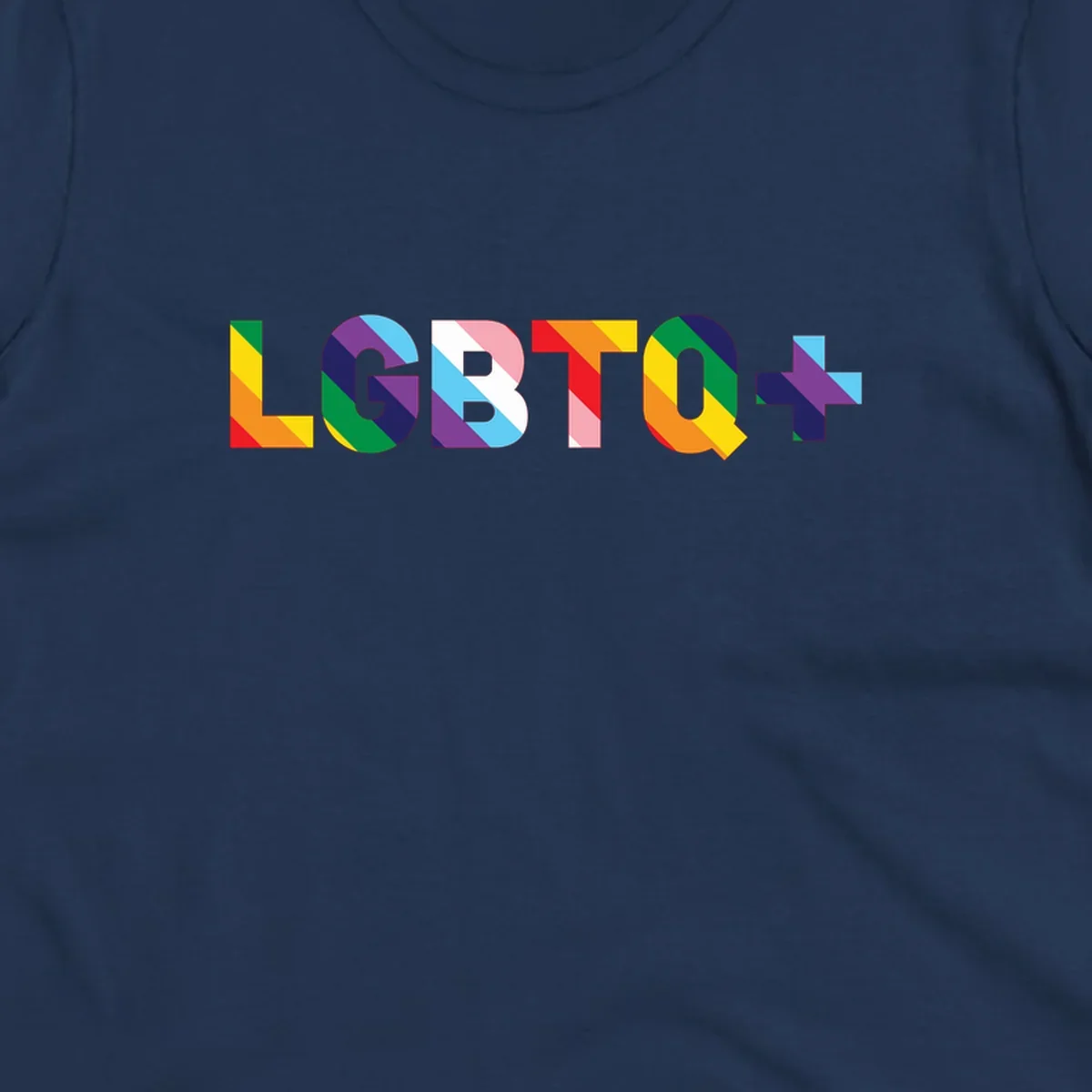 Colorful LGBTQ+ text with diagonal rainbow stripes in pride flag colors on geometric letters