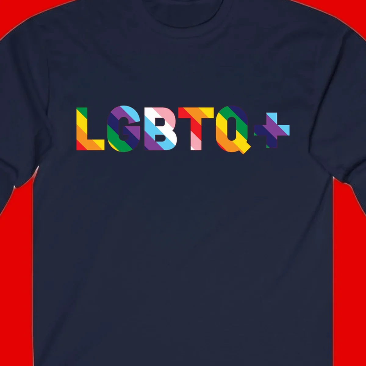 Colorful LGBTQ+ text with diagonal rainbow stripes in pride flag colors on geometric letters