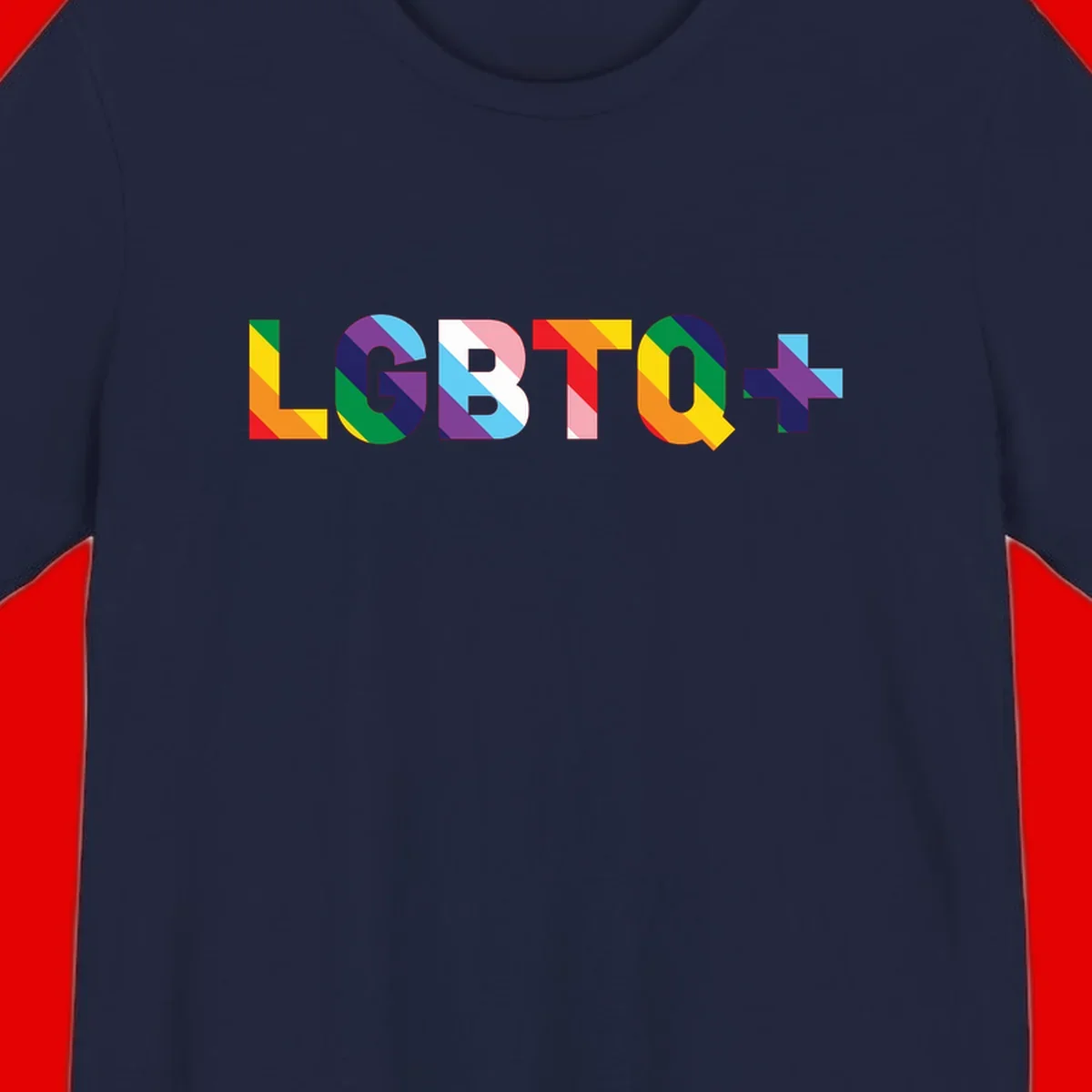 Colorful LGBTQ+ text with diagonal rainbow stripes in pride flag colors on geometric letters