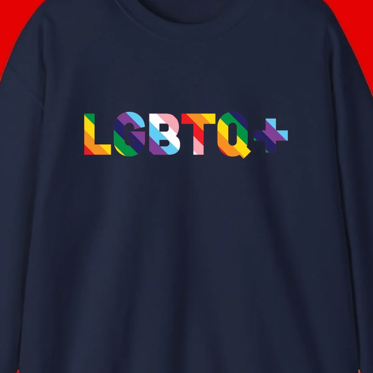 Colorful LGBTQ+ text with diagonal rainbow stripes in pride flag colors on geometric letters
