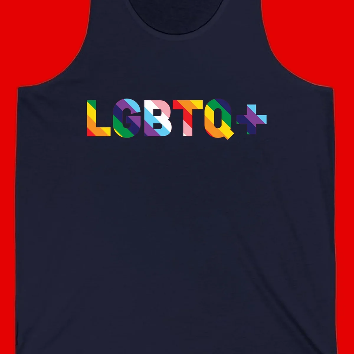 Colorful LGBTQ+ text with diagonal rainbow stripes in pride flag colors on geometric letters