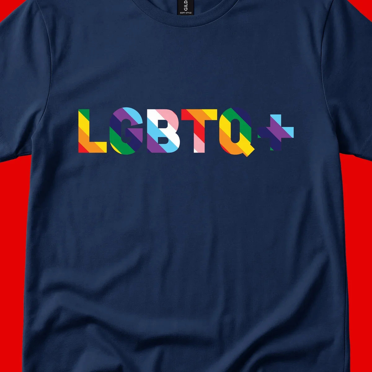 Colorful LGBTQ+ text with diagonal rainbow stripes in pride flag colors on geometric letters