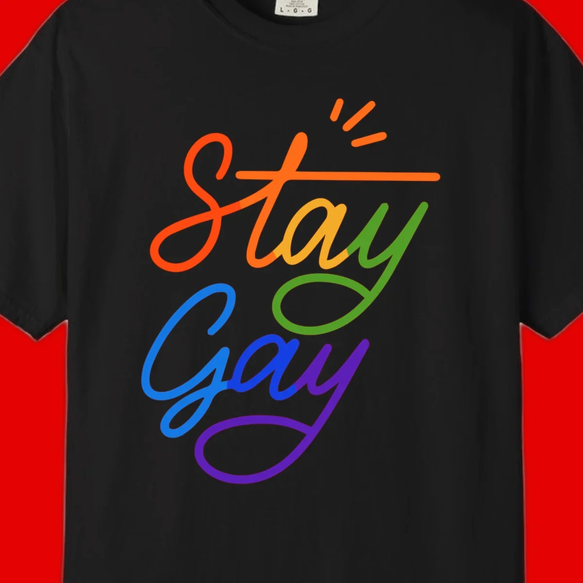 Rainbow gradient text reading 'Stay Gay' with a green checkmark and sparkle accents on gray background