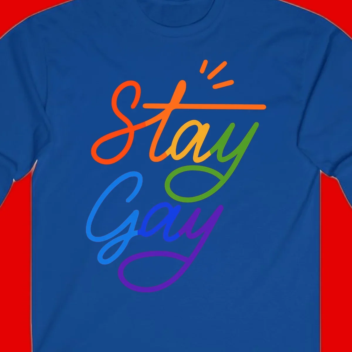 Rainbow gradient text reading 'Stay Gay' with a green checkmark and sparkle accents on gray background