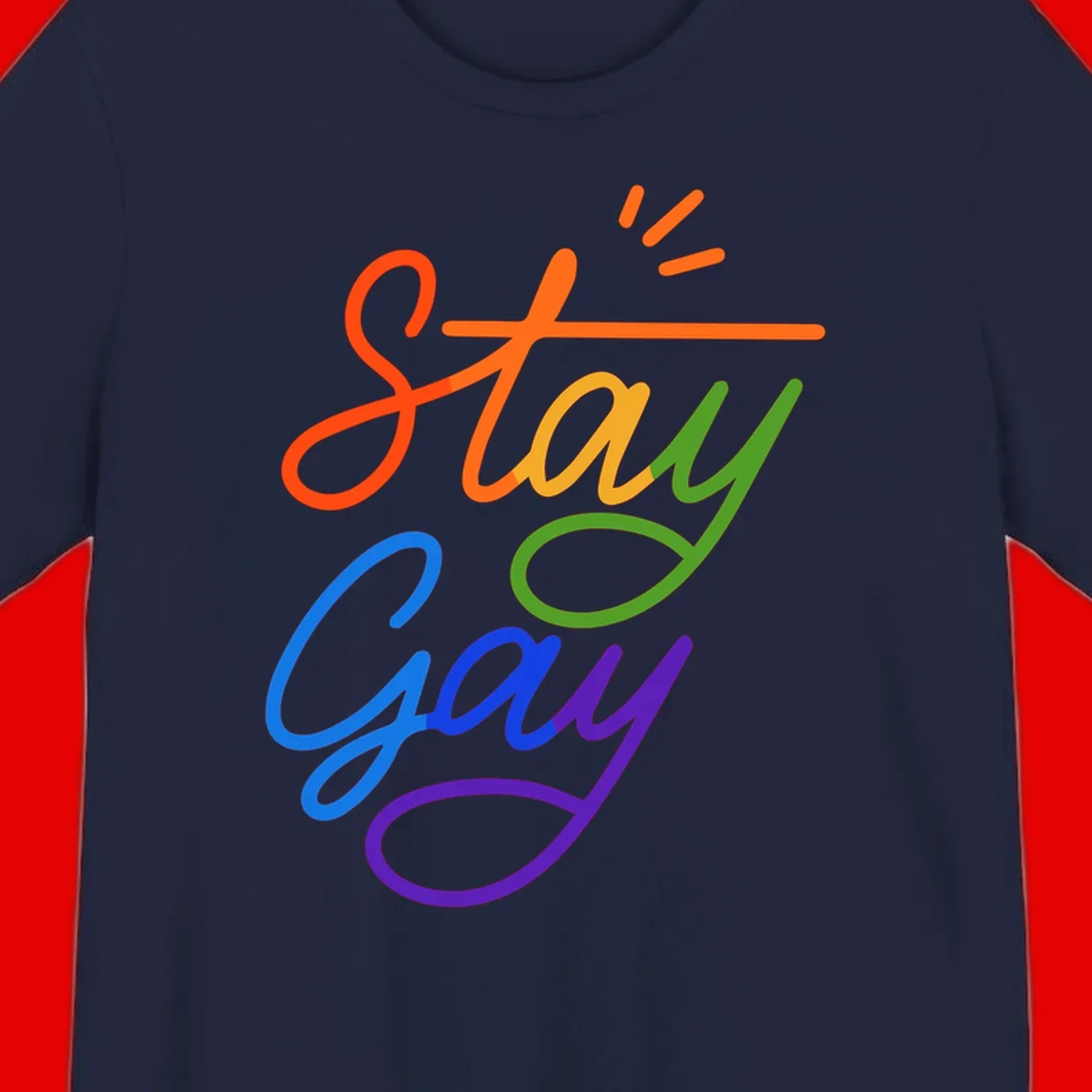 Rainbow gradient text reading 'Stay Gay' with a green checkmark and sparkle accents on gray background