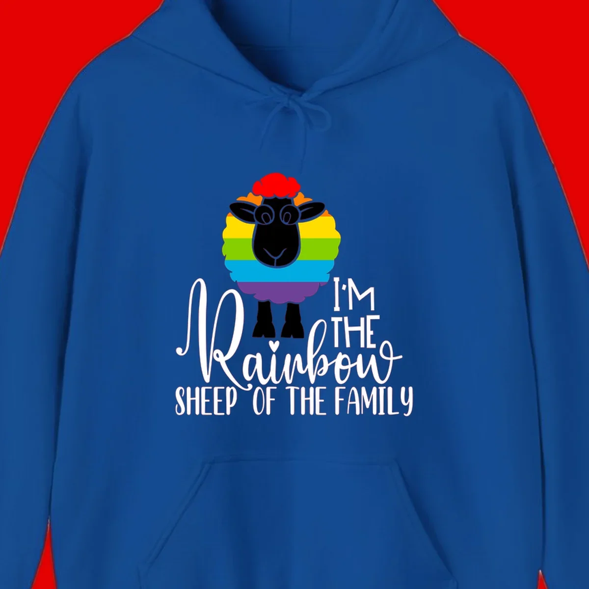 Cartoon sheep with rainbow-striped wool and text 'I'm The Rainbow Sheep Of The Family' celebrating pride and individuality