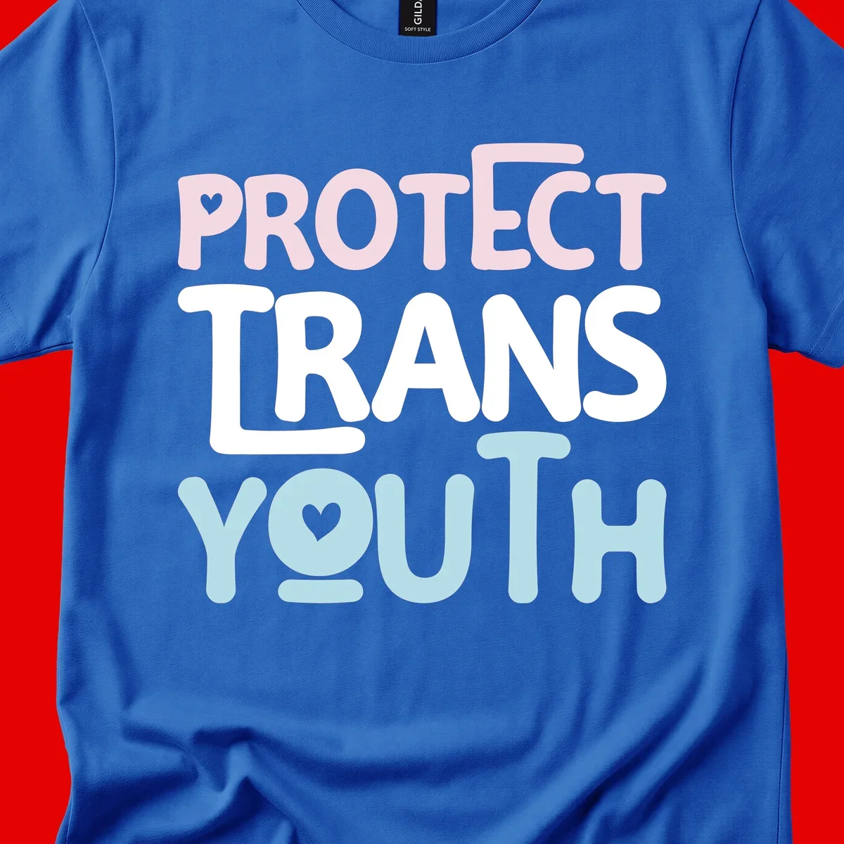 Bold colorful text reading 'PROTECT TRANS YOUTH' with pink and light blue lettering and small hearts, advocating for trans rights and youth support.