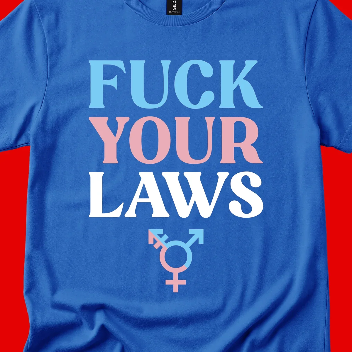 Bold typography design reading 'FUCK YOUR LAWS' in blue, pink, and white text with a split-color transgender symbol below