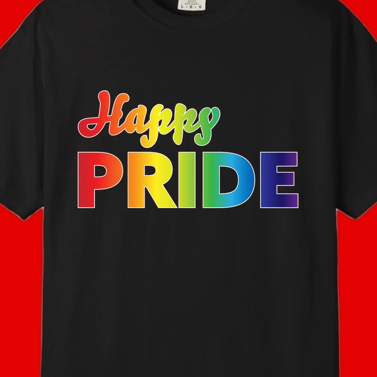 Happy pride rainbow gradient text design with colorful letters transitioning from red to purple