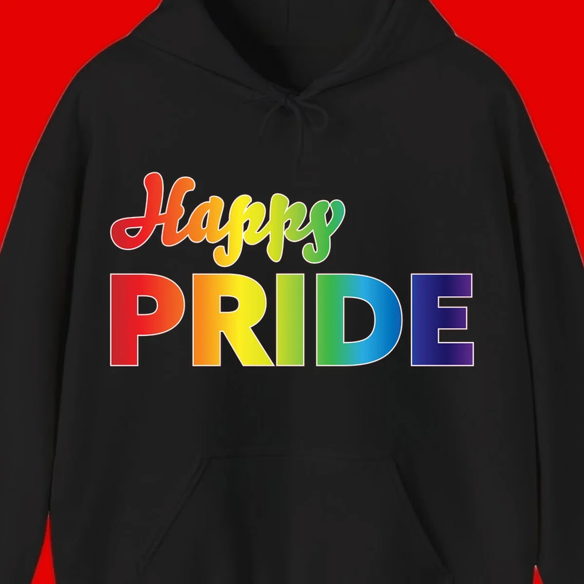 Happy pride rainbow gradient text design with colorful letters transitioning from red to purple