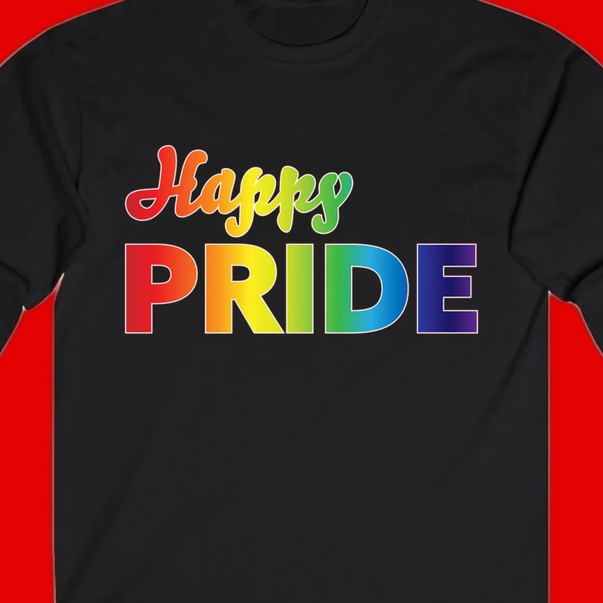 Happy pride rainbow gradient text design with colorful letters transitioning from red to purple