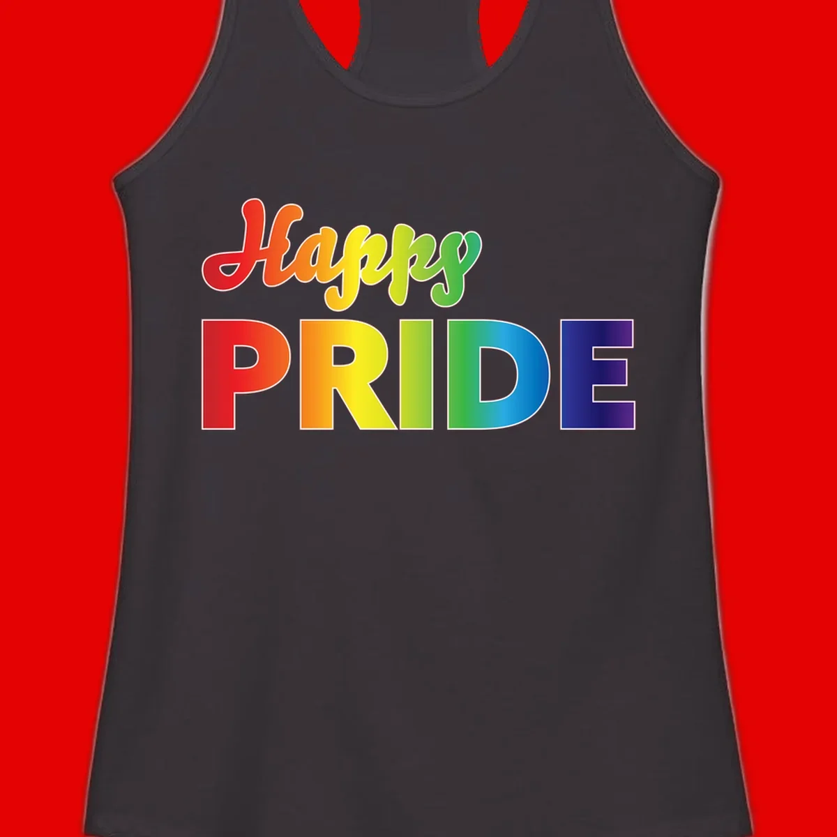 Happy pride rainbow gradient text design with colorful letters transitioning from red to purple