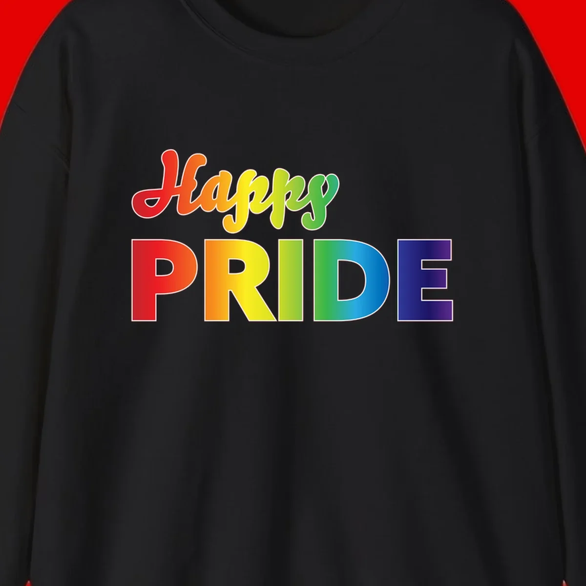Happy pride rainbow gradient text design with colorful letters transitioning from red to purple