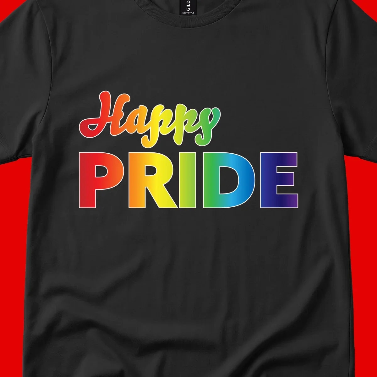 Happy pride rainbow gradient text design with colorful letters transitioning from red to purple