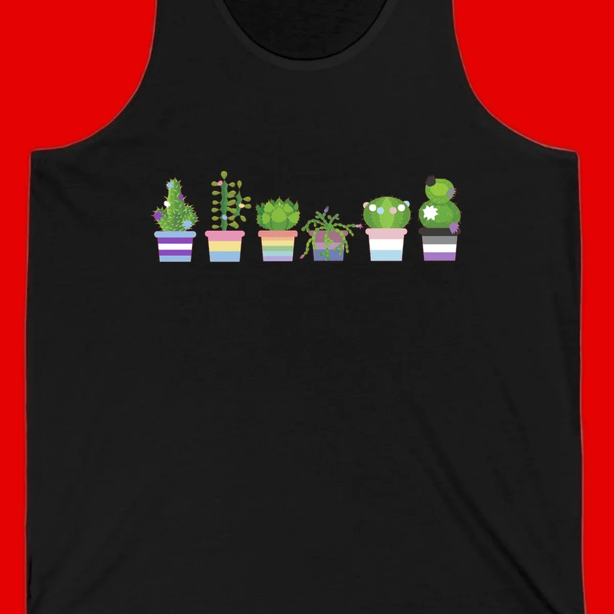 Six illustrated cacti and succulents in rainbow-striped pots with colorful blooms and spikes