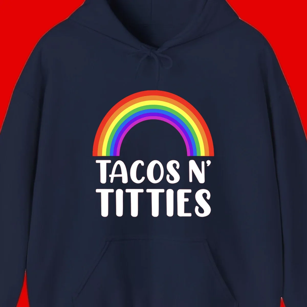 Colorful rainbow arc above white text reading 'TACOS N' TITLES' on gray background - tacos-n-rainbows-pride design