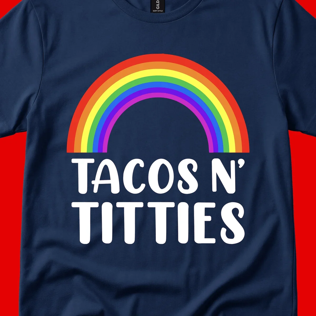 Colorful rainbow arc above white text reading 'TACOS N' TITLES' on gray background - tacos-n-rainbows-pride design