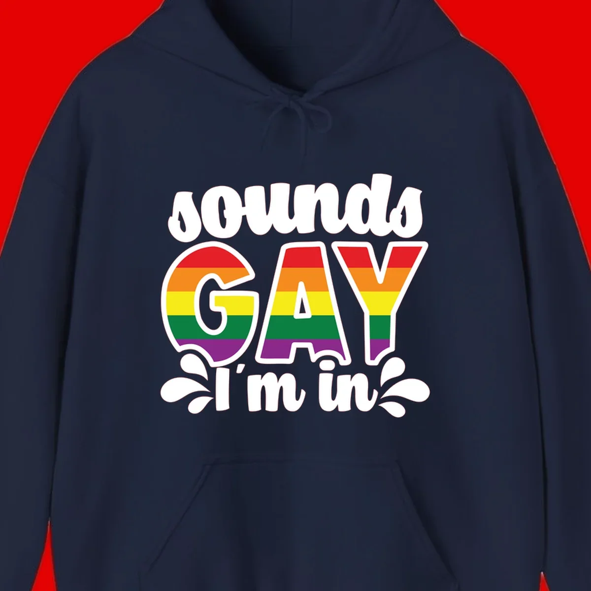 Rainbow pride flag striped lettering spelling 'PROUD GAY I'm in' with decorative flourishes on gray background