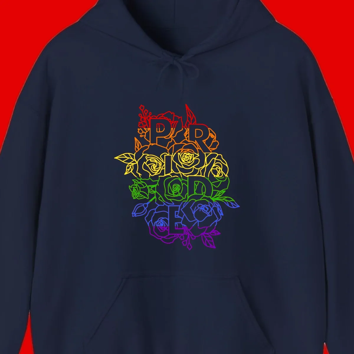 Pride rainbow floral design with the word PRIDE stacked vertically in rainbow colors, each letter surrounded by decorative roses and botanical elements.
