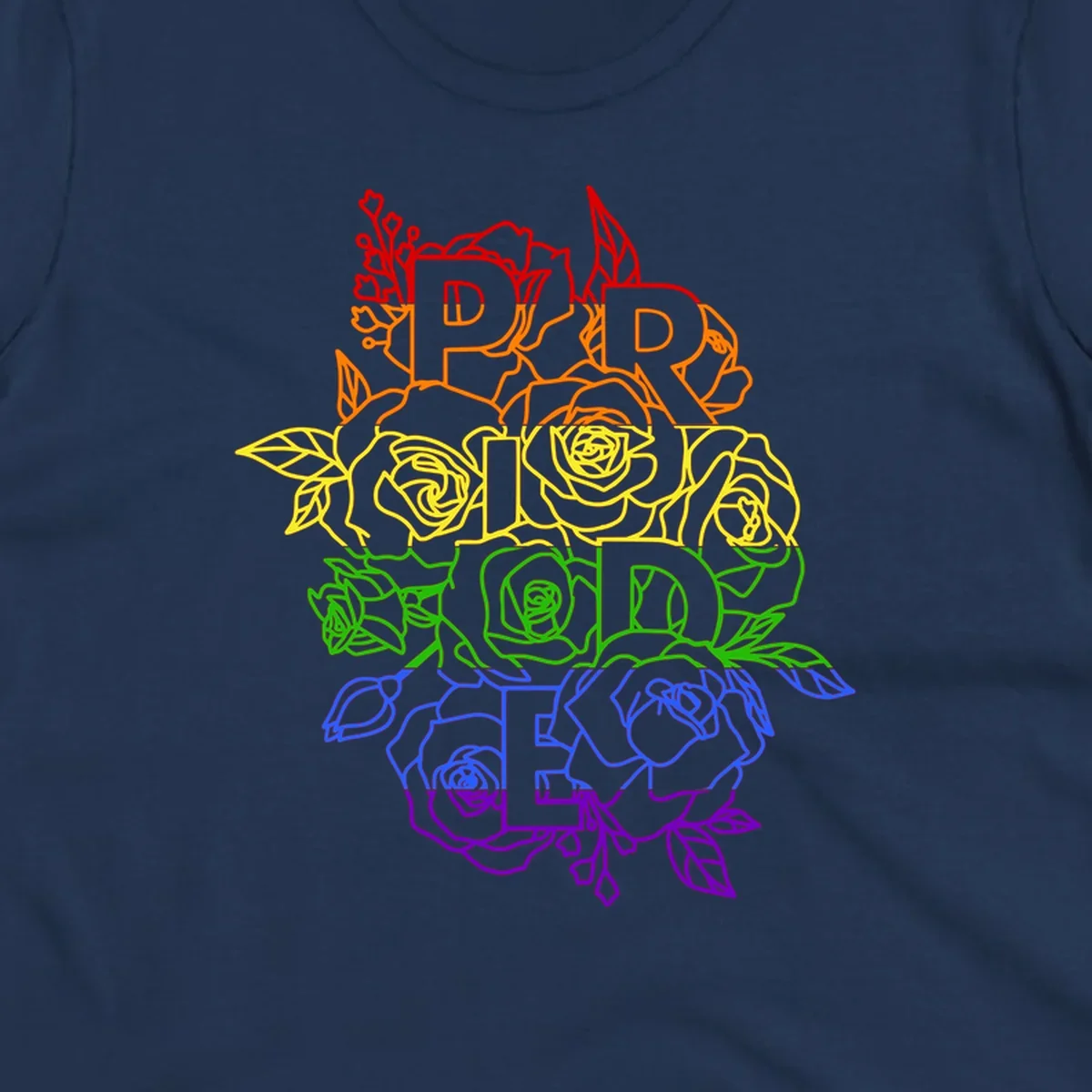 Pride rainbow floral design with the word PRIDE stacked vertically in rainbow colors, each letter surrounded by decorative roses and botanical elements.