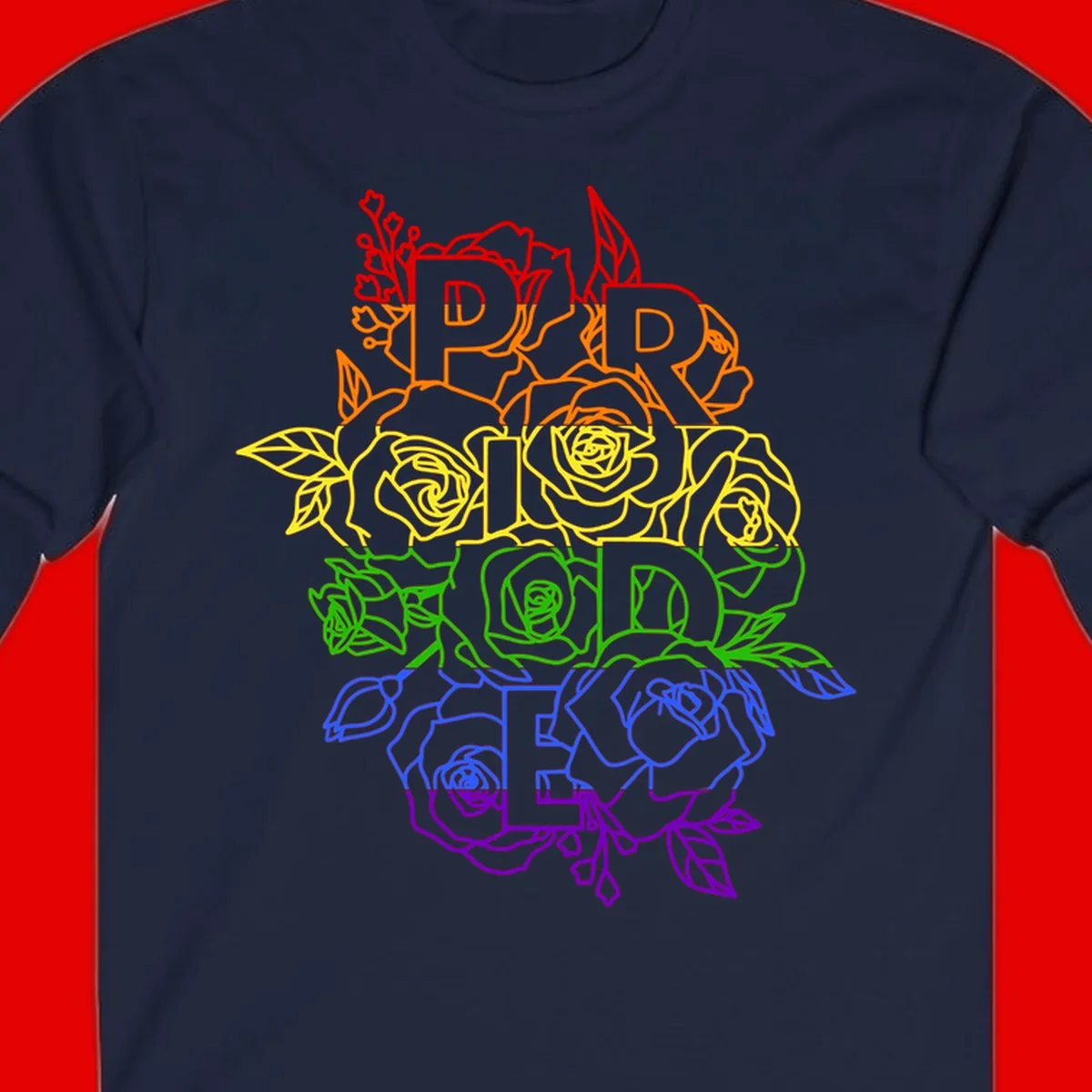 Pride rainbow floral design with the word PRIDE stacked vertically in rainbow colors, each letter surrounded by decorative roses and botanical elements.