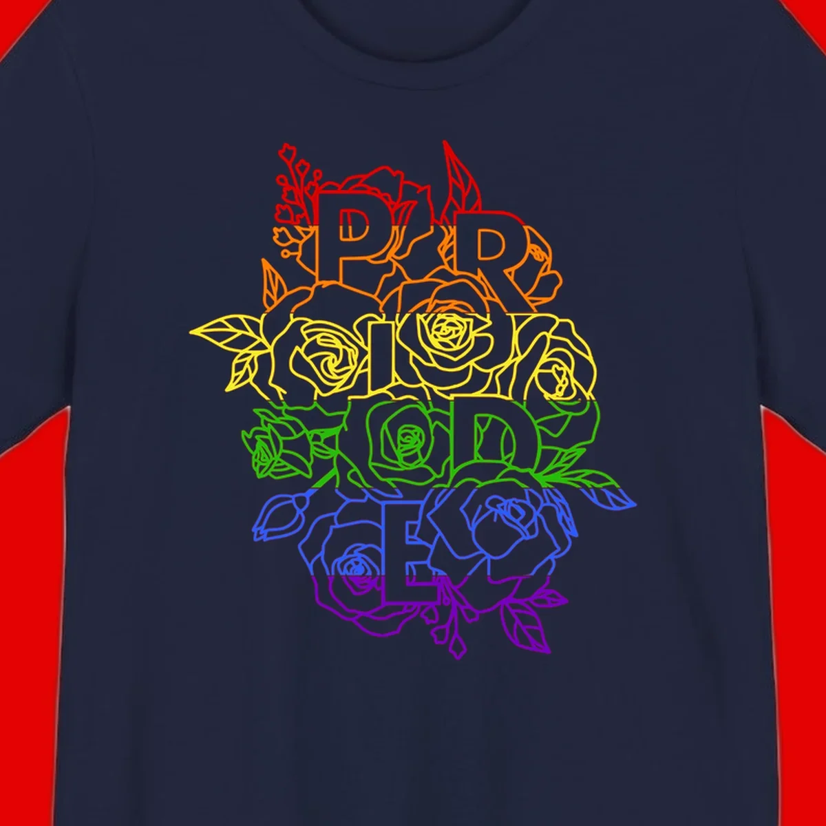 Pride rainbow floral design with the word PRIDE stacked vertically in rainbow colors, each letter surrounded by decorative roses and botanical elements.