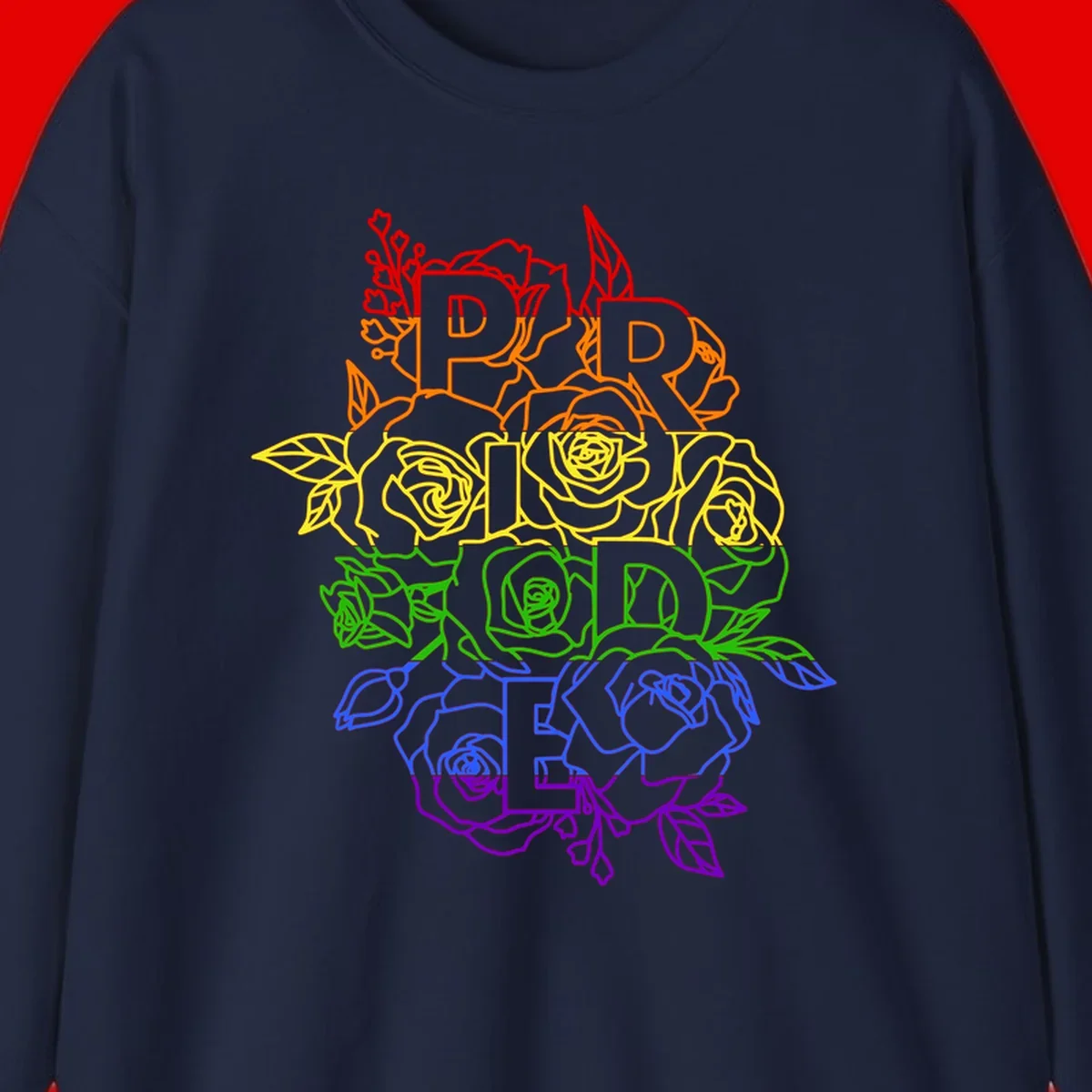 Pride rainbow floral design with the word PRIDE stacked vertically in rainbow colors, each letter surrounded by decorative roses and botanical elements.