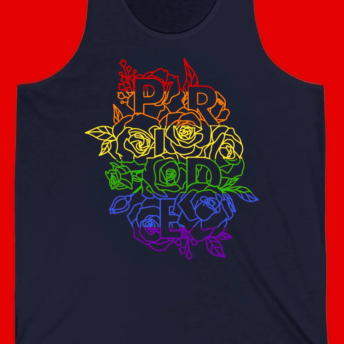 Pride rainbow floral design with the word PRIDE stacked vertically in rainbow colors, each letter surrounded by decorative roses and botanical elements.