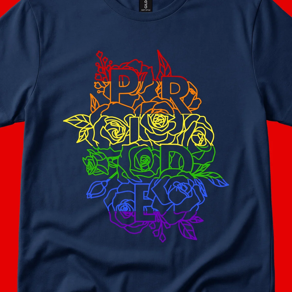 Pride rainbow floral design with the word PRIDE stacked vertically in rainbow colors, each letter surrounded by decorative roses and botanical elements.