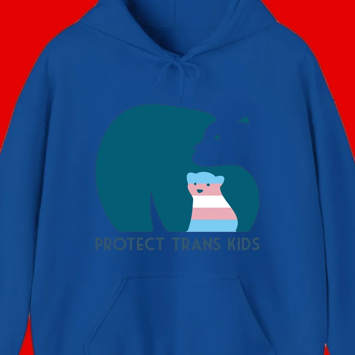 Illustration of large protective bear with small colorful striped cub inside, text reads 'Protect Trans Kids' in teal