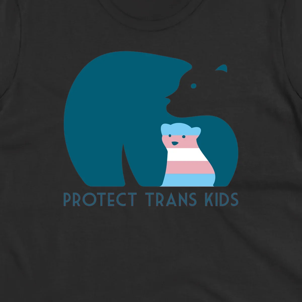 Illustration of large protective bear with small colorful striped cub inside, text reads 'Protect Trans Kids' in teal