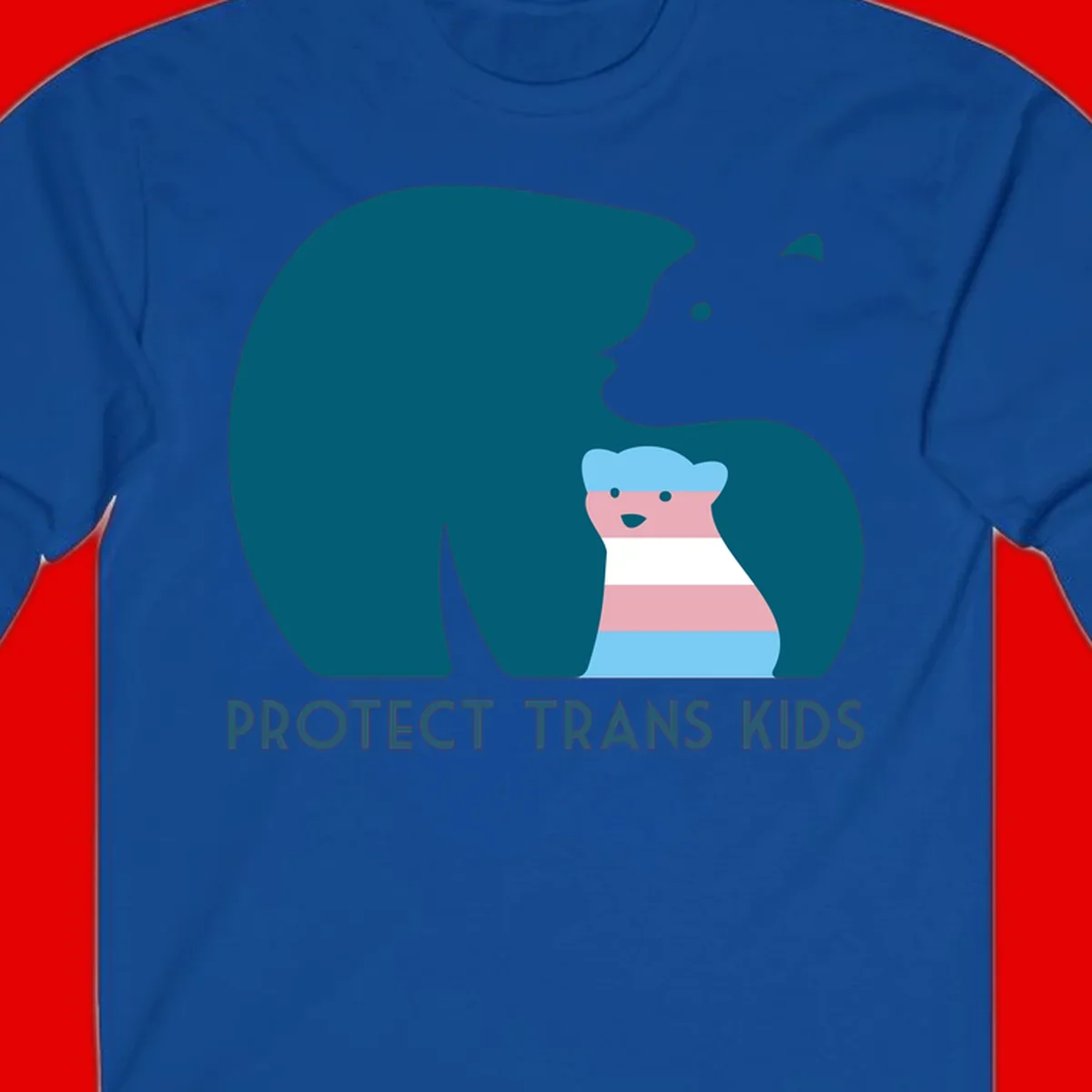 Illustration of large protective bear with small colorful striped cub inside, text reads 'Protect Trans Kids' in teal